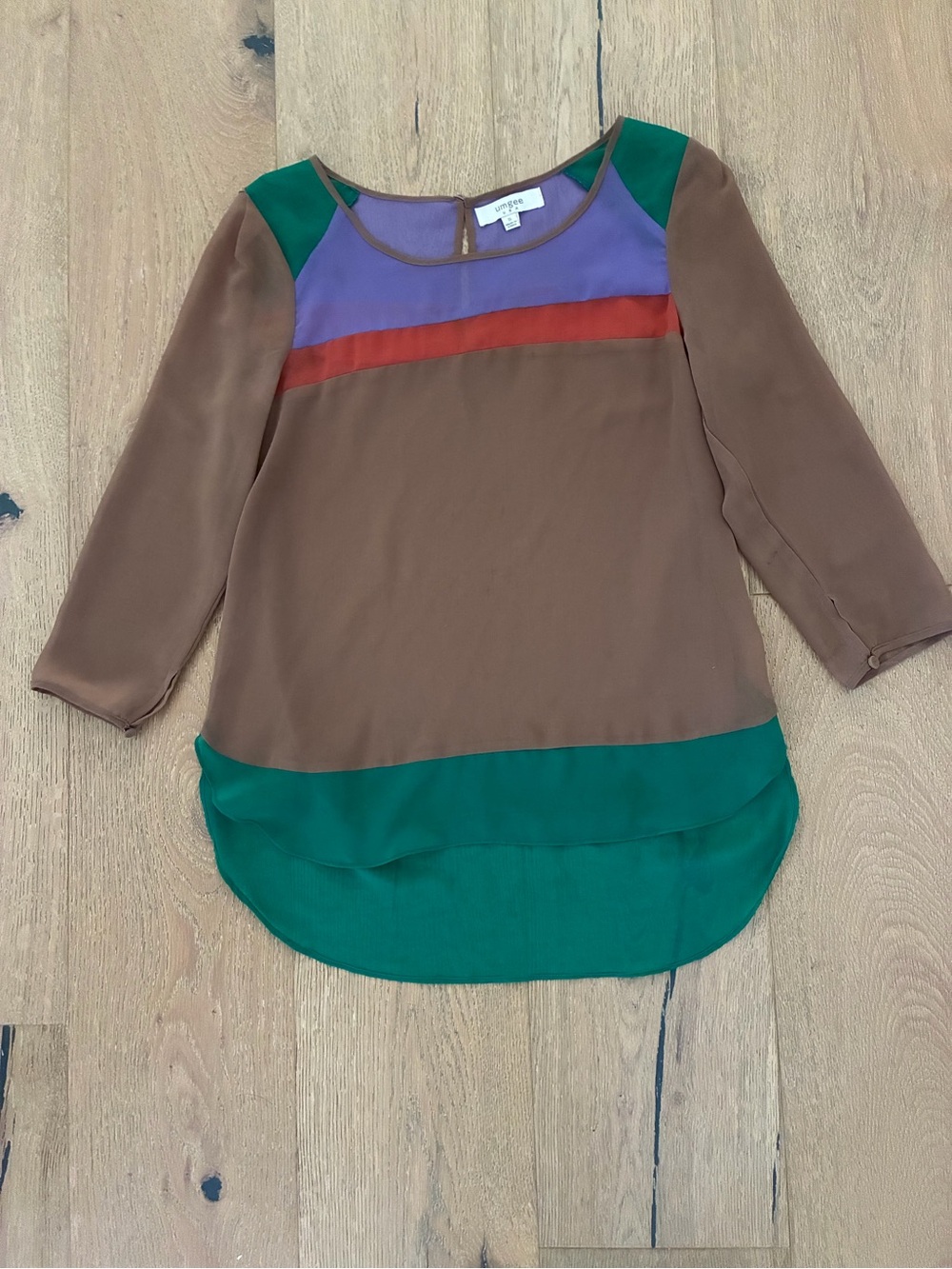 Umgee Brown Blouse with Green, Purple & Rust Panels